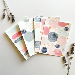 Ensemble original de 4 cartes postales aquarelles peintes à la main - Papeterie toutes occasions, motif abstrait avec détails dorés