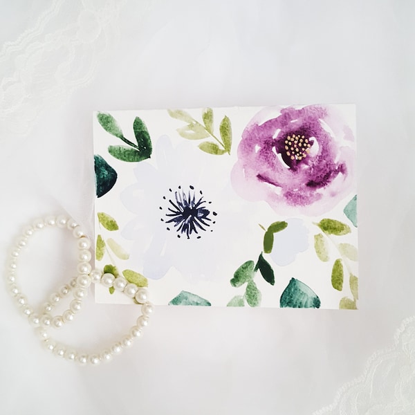 Original Hand Painted Watercolor Floral Anemone and Rose Card - All Occasion Stationery, Blank Note Card with Envelope, Wedding,