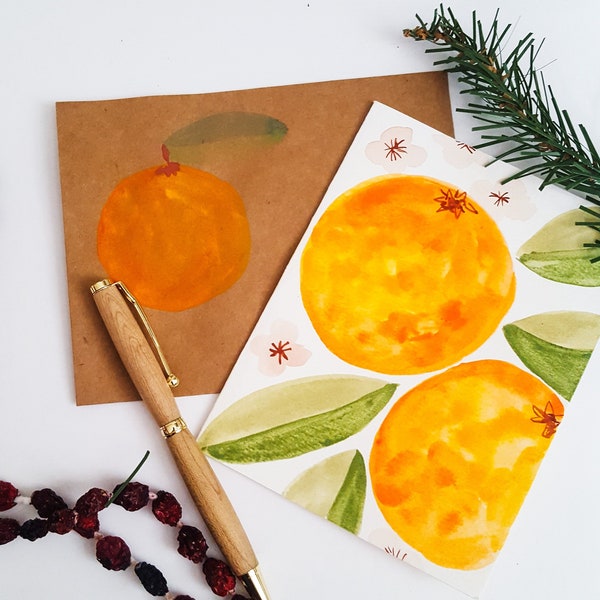 Original Hand Painted Holiday Orange Citrus Card - All Occasion Stationery, Blank Note Card with Envelope, Thank You, Birthday,