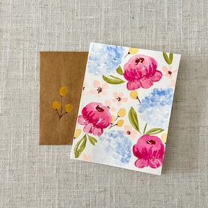 Aquarelle originale peinte à la main de carte de pivoine et d'hortensia - toutes les occasions stationnaire, carte de correspondance vierge avec enveloppe, merci, anniversaire,