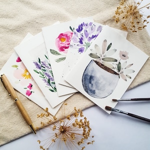 Set di 5 o 10 biglietti acquerellati dipinti a mano originali - Cancelleria per tutte le occasioni, biglietti vuoti con busta, compleanno, ringraziamento, festa