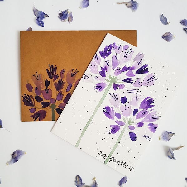 Original Hand Painted Watercolor Floral Agapanthus Card - All Occasion Stationery, Blank Note Card with Envelope, Thank You, Birthday,