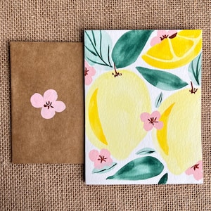 Originele handgeschilderde aquarel kerstkaart citrus citroen - alle gelegenheden briefpapier, blanco notitiekaart met envelop, verjaardag,