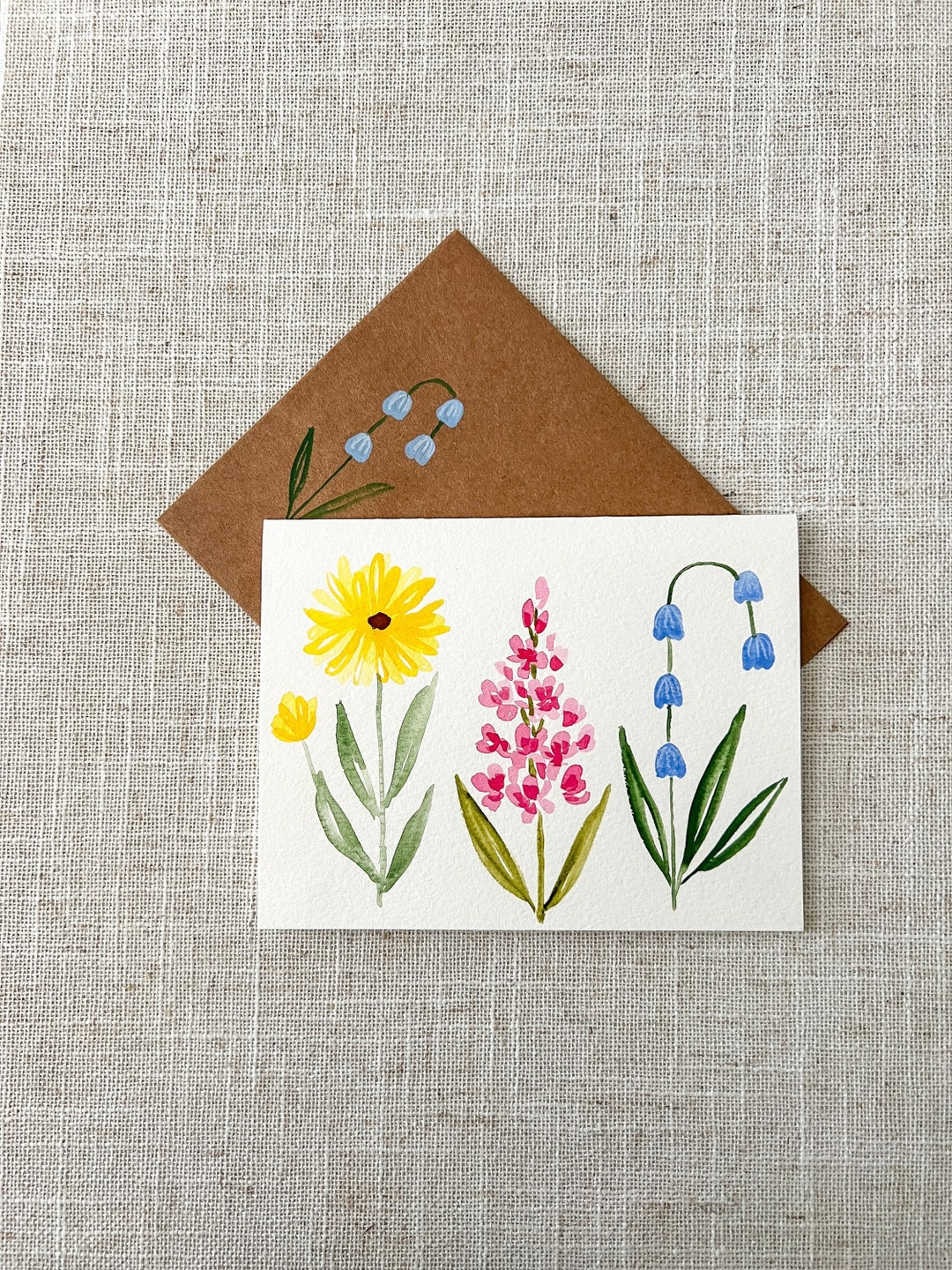 Hand Painted Watercolor Flower Trio Card - All Occasion Blank Note Card ...