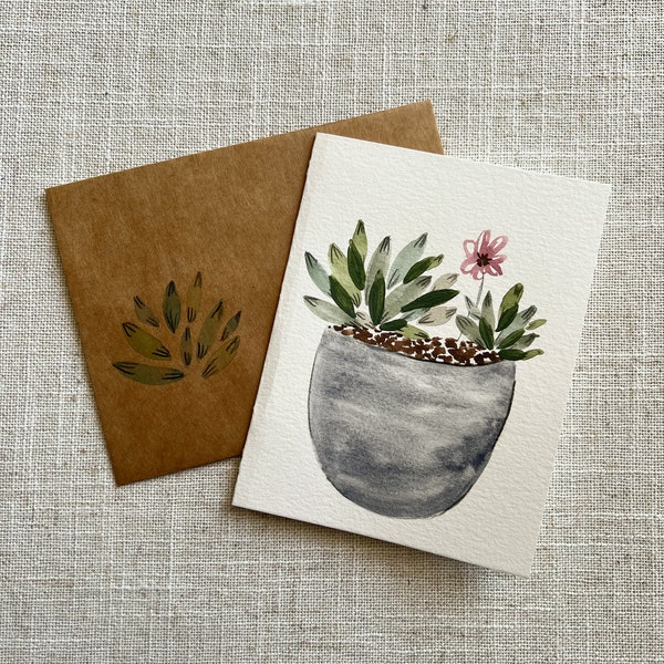 Original Hand Painted Watercolor Potted Succulent Card - All Occasion Stationery, Blank Note Card with Envelope, Thank You, Birthday,