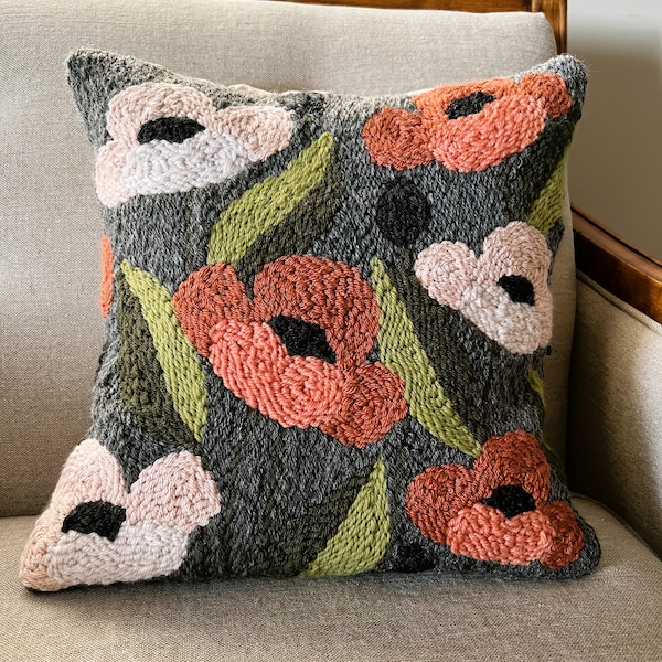 Punch Needle Poppy Pillow- PDF File Digital Download, Printable, DIY