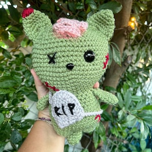 READY TO SHIP-crochet-handmade-cat-plushie-stuffed animal-zombie cat-fall-Halloween-zombie-kitty-kitten-pets-plush-tombstone-scary-spooky