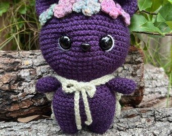 crochet-handmade-cat-plushie-stuffed animal-cottage core-leaf-purple cat-kitty-plush-flowers-floral-crown-fairy