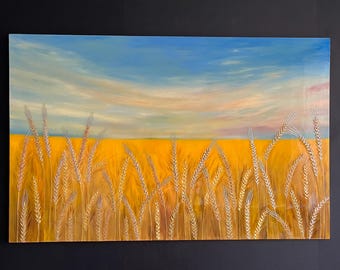 Groot olieverfschilderij van een tarweveld 50x32 cm | 3D-textuur met gouden tarwearen | Muurdecoratie van hars met blauwe lucht | Landelijke boerderijdecoratie | Cadeau voor een housewarming