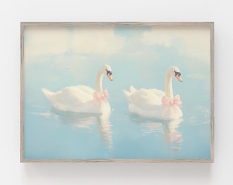 Swans with Bow Print, Coquette Bow Wall Art, Vintage Swan Poster, Pastel Swans Painting, Aesthetic Wall Decor, Coquette Swan Wall Decor