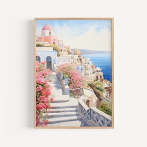 Retro Greece Print, Vintage Coastal Painting, Aesthetic Wall Decor, Pastel Soft Greece Wall Art, Seascape House Poster, Summer Wall Art