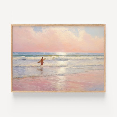 Surfing Painting, Coastal Wall Art, Muted Pastel Seascape Print, Retro Seascape Painting,  Beach Painting,  Pastel Pink Aesthetic Sunset