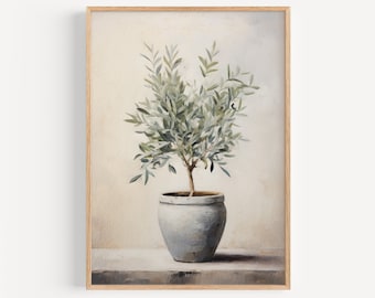Olive Tree Painting, Vintage Botanical Wall Art, Mediterranean Wall Art, Neutral Wall Decor, Rustic Olive Branch Print, Olive Branch Vase
