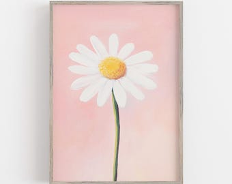 Daisy Flower Print, Pastel Flower Painting, Aesthetic Wall Art, Retro Floral Wall Art, Nursery Room Wall Art, Girl Room Print, White Daisy