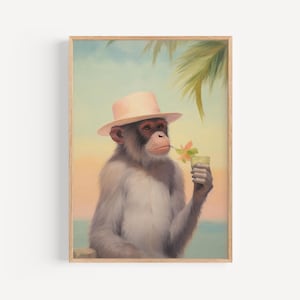 May include: A monkey wearing a pink hat and holding a green drink with a pink flower in its mouth. The monkey is sitting on a beach with a palm tree in the background.