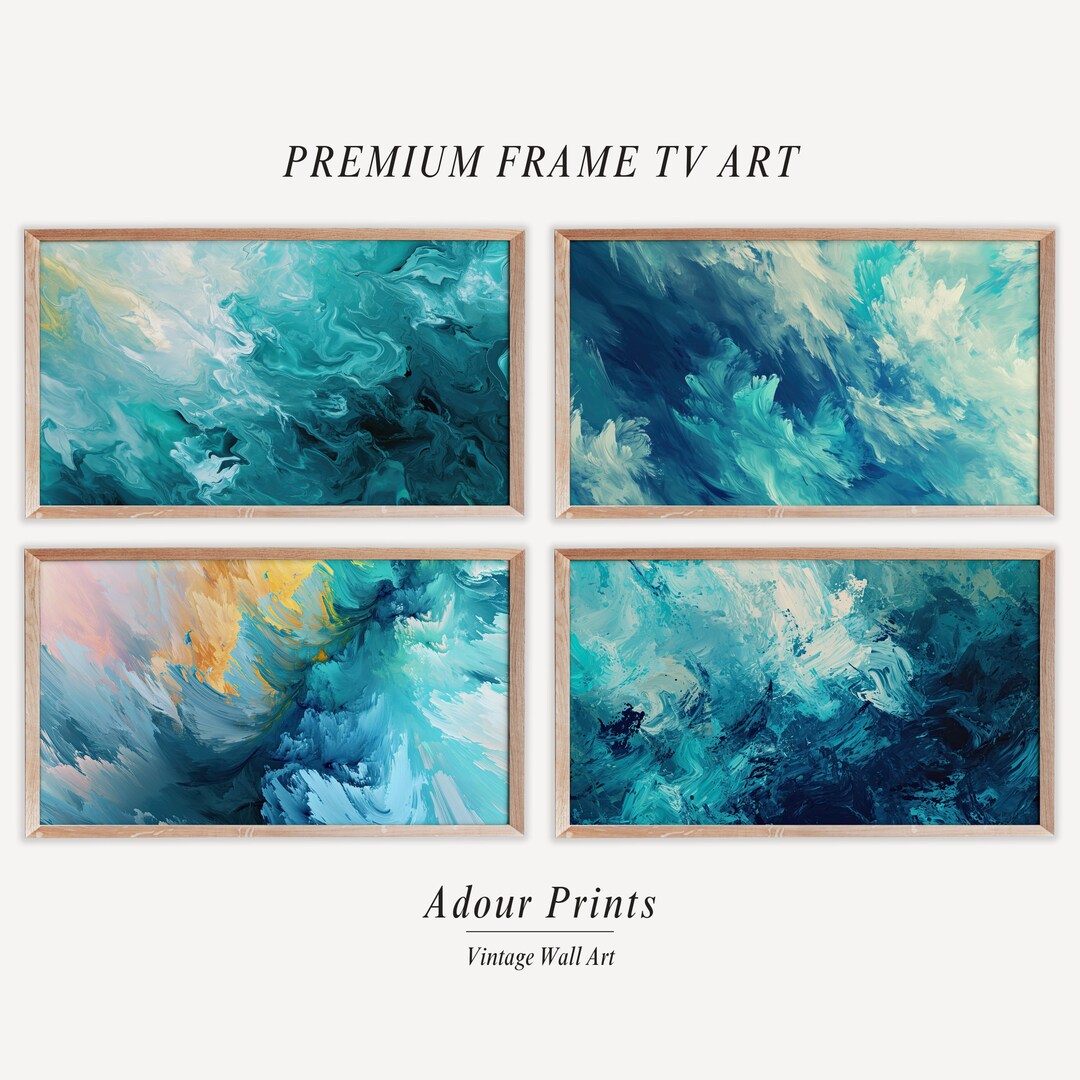 Set of 4 Abstract Samsung TV Frame Art, Blue Abstract Frame TV Art