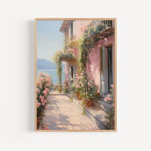 Coastal Town Painting, Retro European Print, Pink Pastel Aesthetic Wall Art, Bedroom Wall Decor, Summer Old Painting, Coastal Town Print