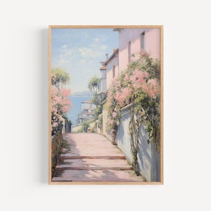 Coastal Town Print, Retro European Wall Art, Pink Alleyway Painting, Pastel Pink Old Town Print, Aesthetic Bedroom Decor, Living Room Art