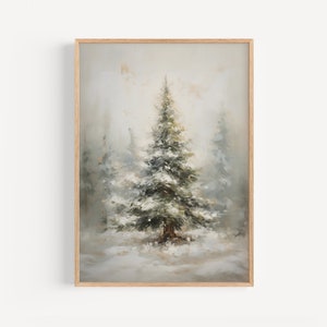 Vintage Weihnachtswandkunst, Weihnachtsbaum-Ölgemälde, verschneite Winterwaldkunst, Cottagecore-Dekor, Winterlandschafts-Kiefernmalerei