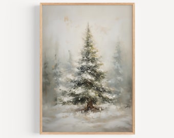 Vintage Christmas Wall Art, Christmas Tree Oil Painting, Snowy Winter Forest Art, Cottagecore Decor, Winter Landscape Pine Trees Painting