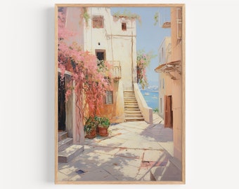 Retro European Print, Soft Aesthetic Wall Art, Vintage Coastal Painting, Coastal Town Printable, Bedroom Wall Decor, Summer Old Painting