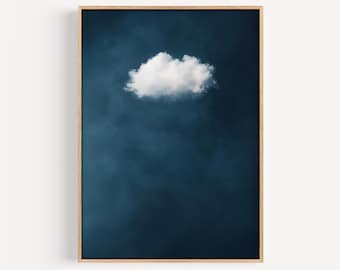 Abstract Cloud Print, Fluffy Cloud Wall Art, Vintage Cloud Poster, Minimalist Wall Art, Maximalist Decor, Cloud Painting, Dark Blue Wall Art