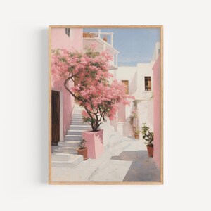 Retro European Print, Pastel Pink Coastal Town Painting, Aesthetic Wall Decor, Vintage Alleyway Wall Art, Bedroom Decor, Beach Town Poster
