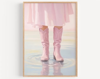 Pink Cowgirl Boots Print, Retro Country Wall Art, Cowgirl Boots Painting, Aesthetic Wall Decor, Girly Western Poster, Preppy Pink Poster