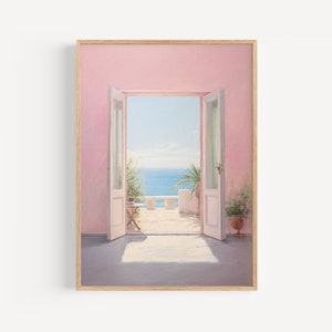Coastal Door Print, Seaview Wall Art, Greece Painting, Pastel Pink Art, Soft Aesthetic Wall Art, Summer Old Painting, Bedroom Wall Decor