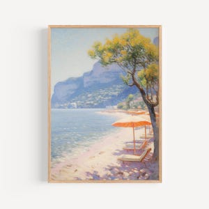 Retro Beach Print, Italy Landscape Painting, Coastal Wall Art, Aesthetic Home Decor, Amalfi Coast, Summer Beach Scene, Vintage Poster