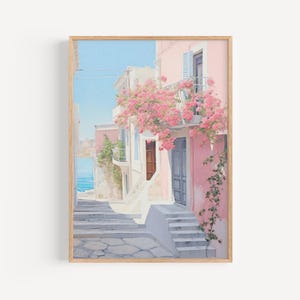 Retro European Print, Soft Aesthetic Wall Art, Vintage Coastal Painting, Coastal Town Printable, Bedroom Wall Decor, Summer Old Painting