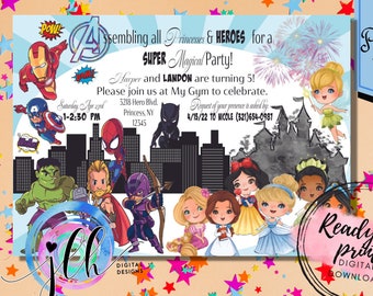 Princesses & Heroes Birthday Invitation | PERSONALIZED Digital Invite | Dual Theme | Twin Birthday | Sibling Dual Party | Kids Party Any Age