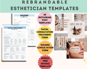 May include: A set of 36 rebrandable Instagram post templates for estheticians. The templates feature a variety of designs, including a giveaway template, a consultation form template, and a hydrate time template. The templates are designed to help estheticians promote their services and connect with their clients.