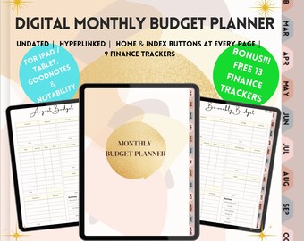May include: Digital monthly budget planner for iPad, tablet, Goodnotes, and Notability. The planner includes 9 finance trackers and a bonus of 13 free finance trackers. The image shows a pink and gold design with a monthly budget planner page and a bi-weekly budget planner page.