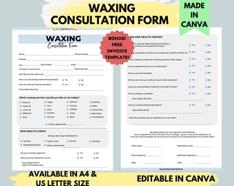 Könnte beinhalten: Ein druckbares Waxing-Beratungsformular mit einem blau-weißen Farbschema. Das Formular enthält Abschnitte für Kundeninformationen, Hautgesundheitscheck und Waxing-Service-Optionen. Das Formular enthält auch eine kostenlose Bonus-Rechnungsvorlage. Der Text "Made in Canva" und "Editable in Canva" befindet sich oben und unten auf dem Formular.