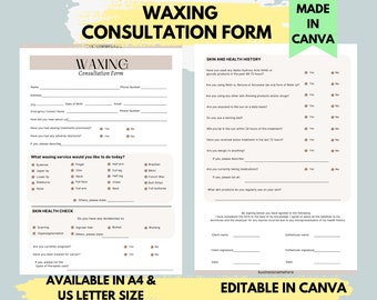 Könnte beinhalten: Ein druckbares Waxing-Beratungsformular mit Abschnitten für Kundeninformationen, Haut- und Gesundheitsgeschichte sowie eine Waxing-Service-Checkliste. Das Formular ist in A4 und US-Letter-Größe verfügbar und in Canva bearbeitbar. Das Formular hat einen hellbraunen Hintergrund mit einem hellrosa und gelben Rand.