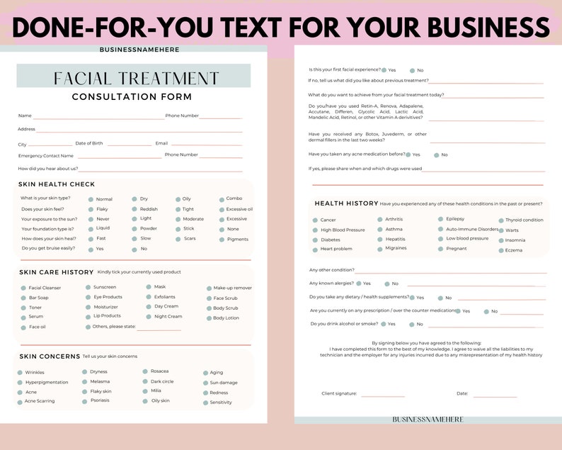 EDITABLE Facial Consultation Form, Client Intake Form,client Consent ...