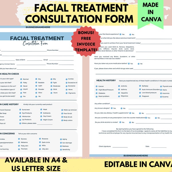 EDITABLE Facial Consultation Form, Client Intake Form,Client Consent Form, Esthetician Form, Editable Spa Forms,Esthetician Form Template