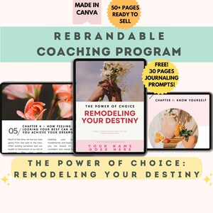 May include: A pink and white digital coaching program with the title "The Power of Choice: Remodeling Your Destiny". The program includes 50+ pages and 30 free journaling prompts. The cover features a pink flower and a hand holding a flower.