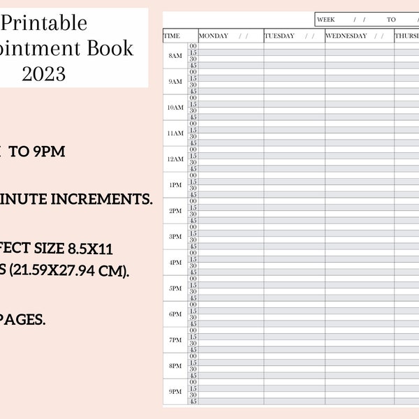 Printable Appointment book 2023, 15 Minute Interval, Small Business Appointments, PERSONALIZED 2023 Appointment Planner, US Letter 8.5x11.