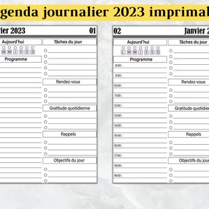 2023 Agenda Français Quotidien Imprimable Une Journée Par Page, Organisateur Quotidien 365 Jours Avec Date. PDF A4, Agenda Noir et Blanc.