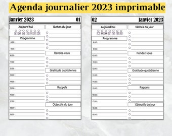 Agenda 2023 English Quotidien Imprimable Une Journée Par Page, Organisateur Quotidien 365 Jours Avec Date. PDF A4, Agenda Noir et Blanc.