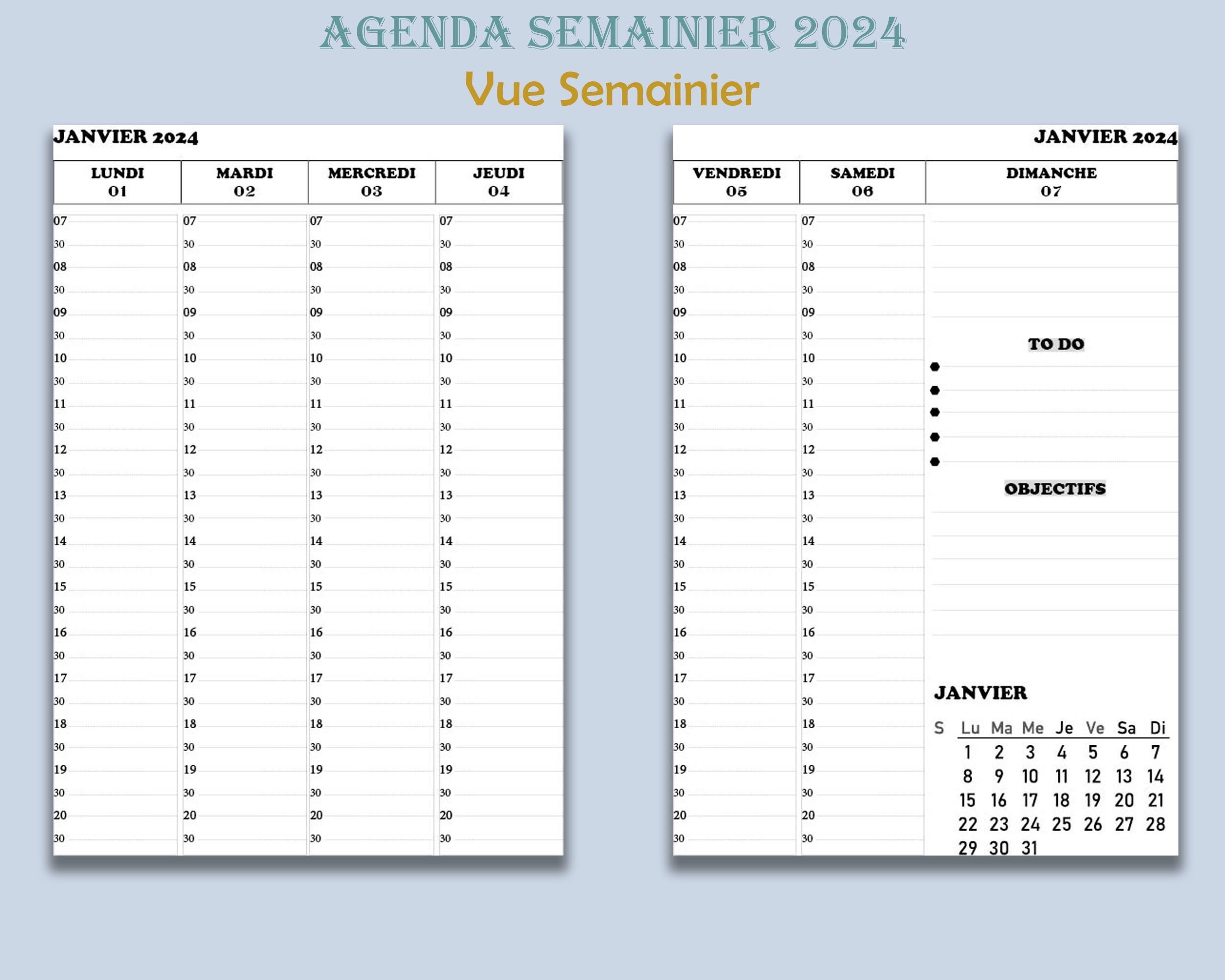 Agenda 2024 Semainier: 1 semaine sur 2 pages, 12 Mois de janvier à  décembre, Hebdomadaire en Français, format A4 (French Edition)