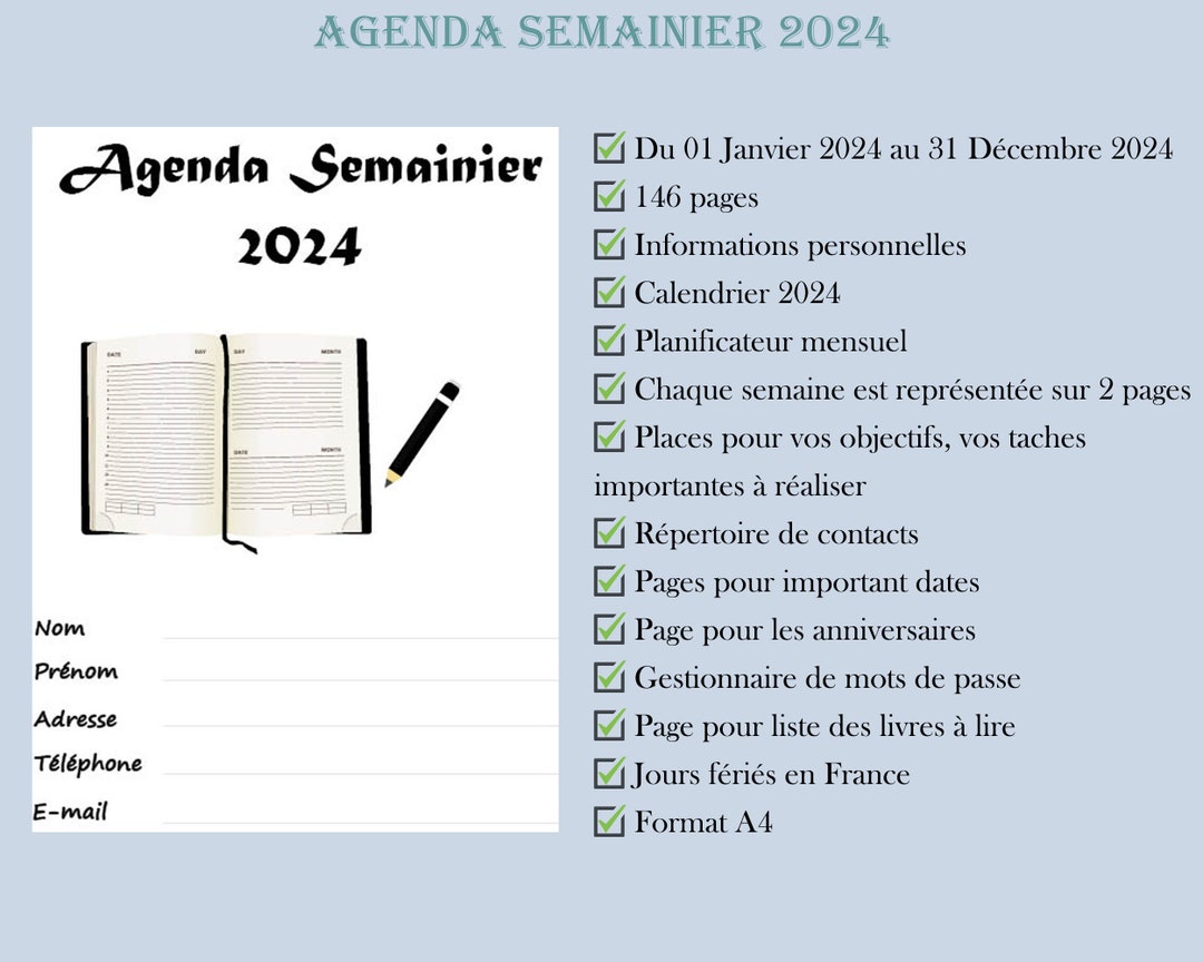 Agenda 2024: Agenda quotidien, hebdomadaire et mensuel 2024 | Juste un an |  Planificateur hebdomadaire de janvier 2024 à décembre 2024 | Organisateur