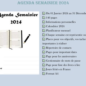 Agenda 2024: Semainier 12 Mois De janvier 2024 à décembre 2024 ,1 Semaine  sur 2 Pages, A4 (French Edition)