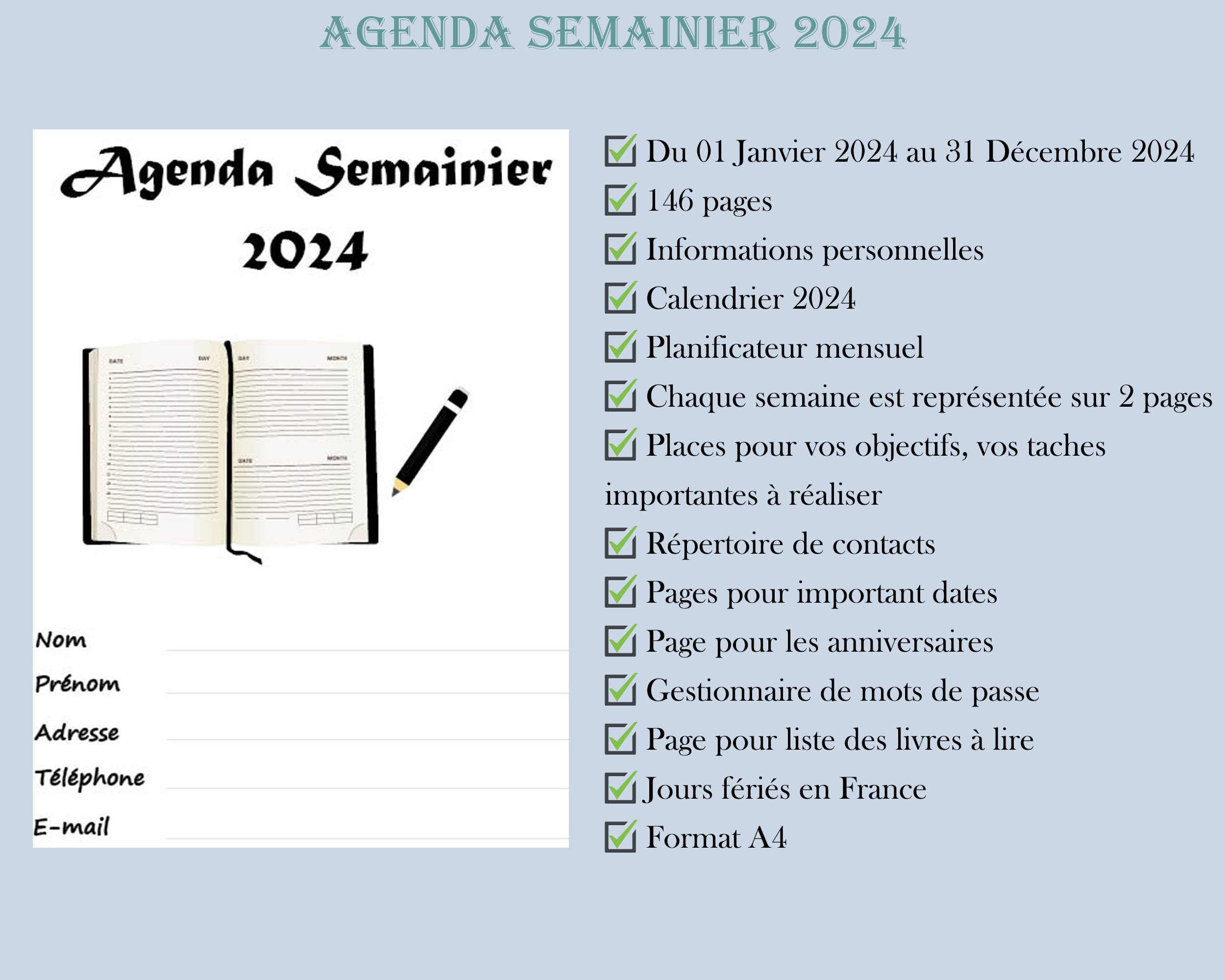 Agenda 2024 Calendrier annuel Imprimable Grand format personnel