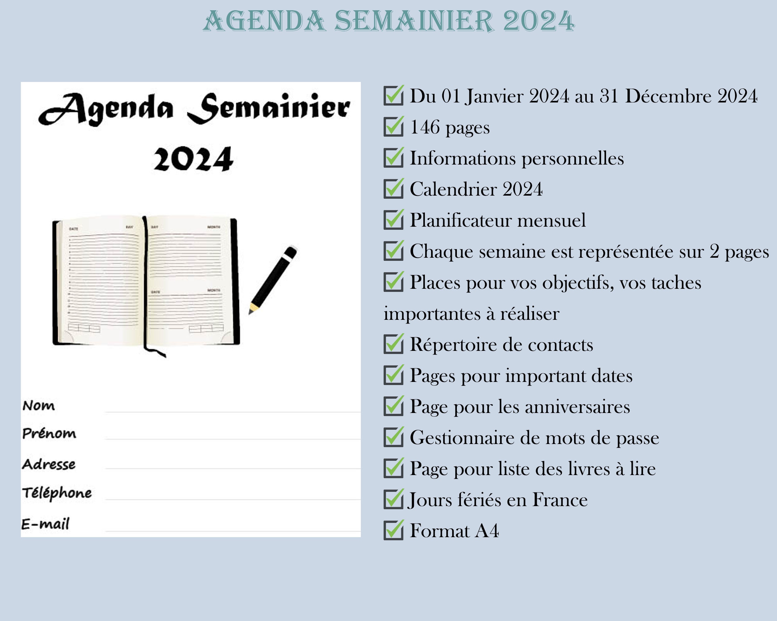 Agenda semainier 2024 à imprimer en français pour l'organisation de  planification hebdomadaire, Agenda Complet 2024 -  France