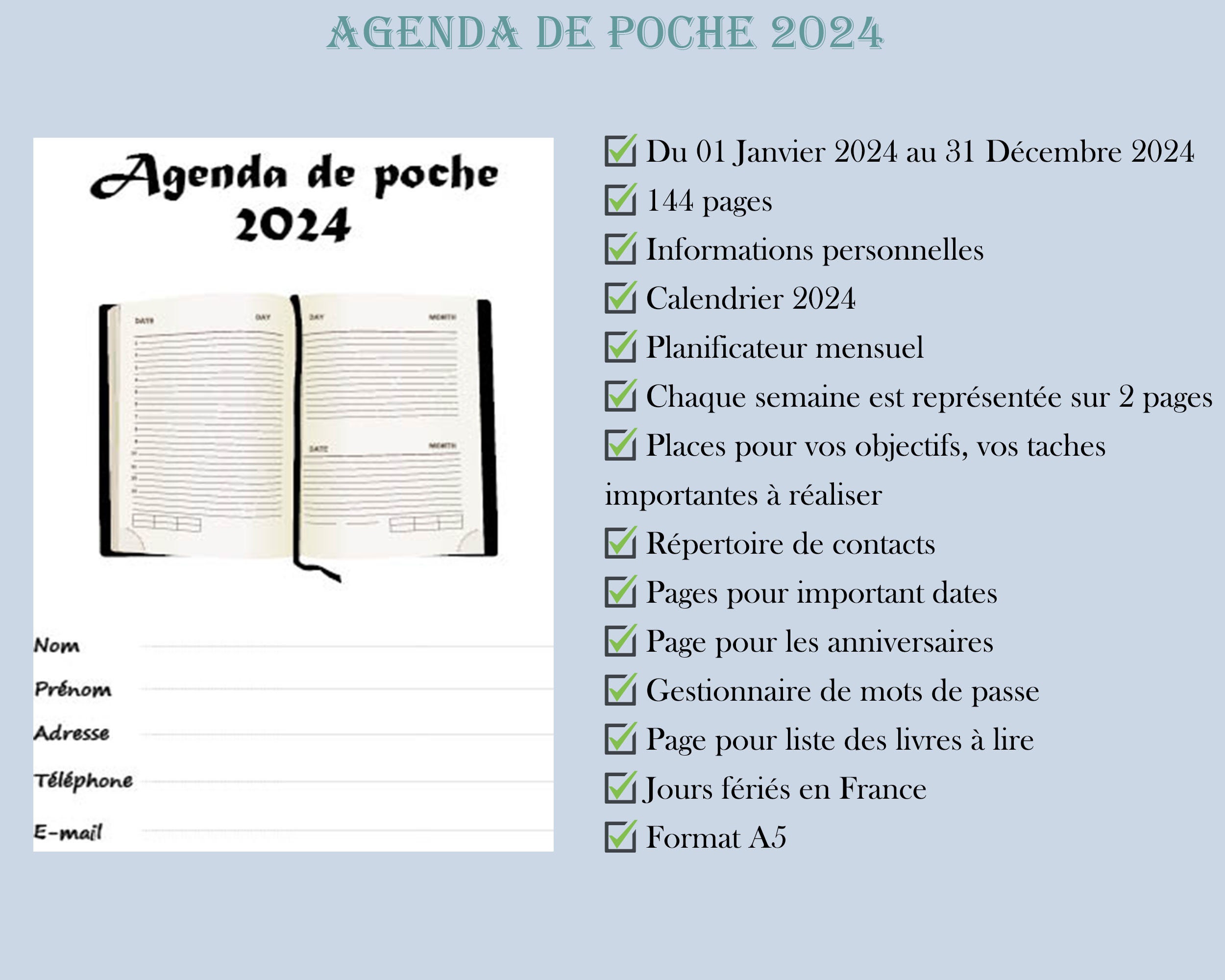 Agenda 2024: grand format A4 Planificateur journalier | 1 page par jour  avec heure (janvier 2024 décembre 2024 ) français (French Edition)