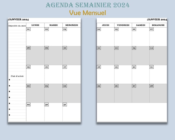 Agenda semainier 2024: Planificateur Semainier A4, De Janvier 2024 à  Décembre 2024, Calendrier Hebdomadaire, Idée Cadeau D'anniversaire Pour Un