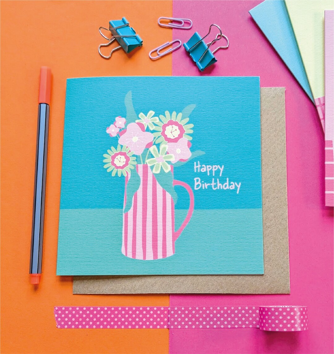 Flower BIRTHDAY CARD Jug of Flowers Card Happy Birthday Etsy